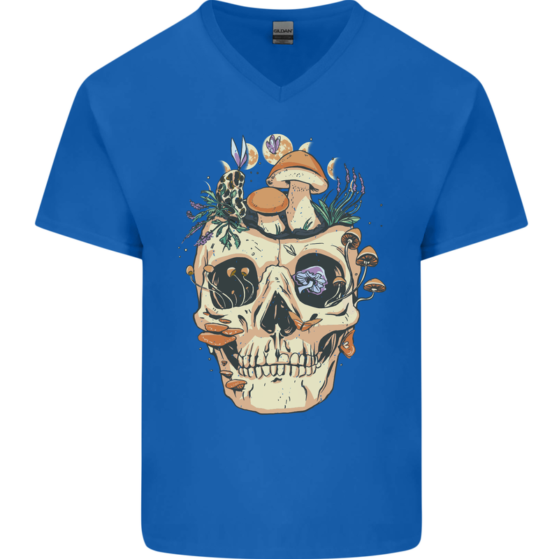 Mushroom Skull Nature Ecology Toadstool Mens V-Neck Cotton T-Shirt Royal Blue