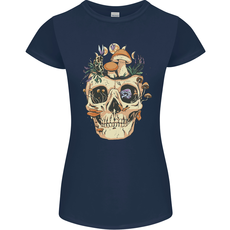 Mushroom Skull Nature Ecology Toadstool Womens Petite Cut T-Shirt Navy Blue