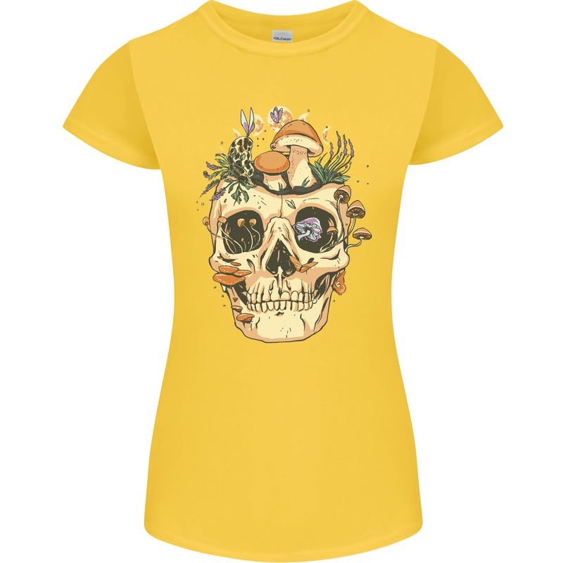Mushroom Skull Nature Ecology Toadstool Womens Petite Cut T-Shirt Yellow