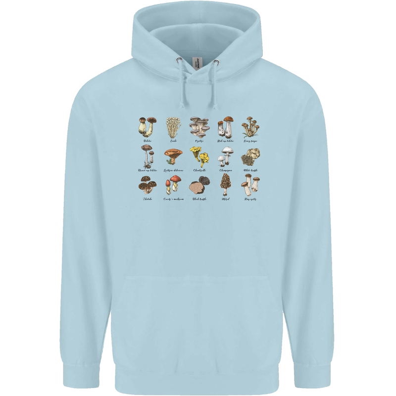 Mushroom Species Foraging Mycology Mens 80% Cotton Hoodie Light Blue