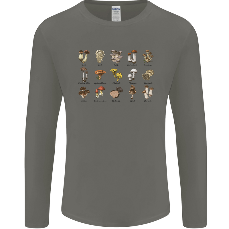 Mushroom Species Foraging Mycology Mens Long Sleeve T-Shirt Charcoal