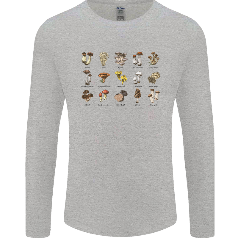Mushroom Species Foraging Mycology Mens Long Sleeve T-Shirt Sports Grey
