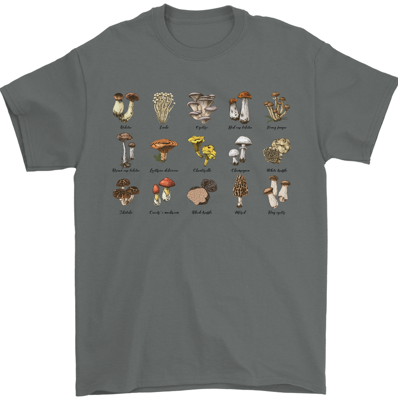 Mushroom Species Foraging Mycology Mens T-Shirt 100% Cotton Charcoal