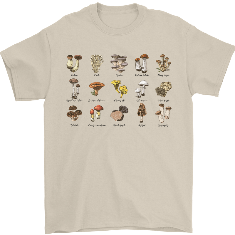 Mushroom Species Foraging Mycology Mens T-Shirt 100% Cotton Sand