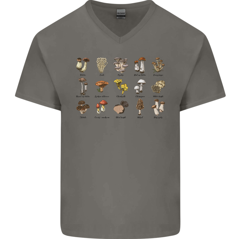 Mushroom Species Foraging Mycology Mens V-Neck Cotton T-Shirt Charcoal