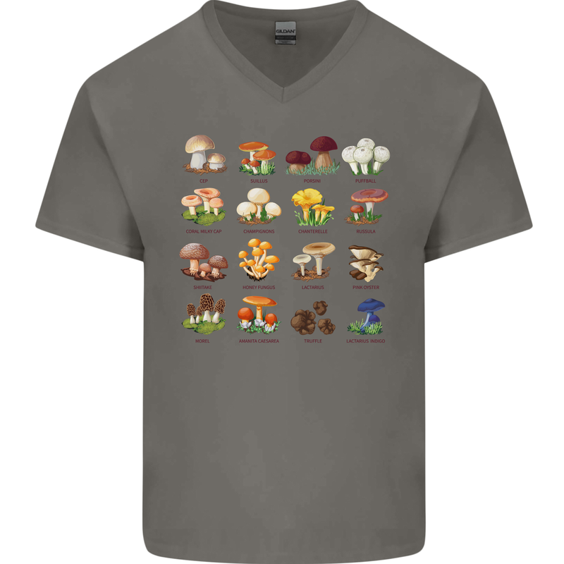 Mushroom Species Mens V-Neck Cotton T-Shirt Charcoal