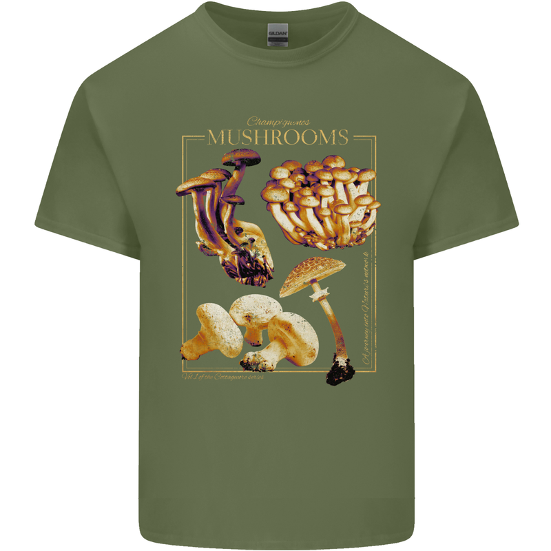 Mushroom Species Mycology Foraging Mens Cotton T-Shirt Tee Top Military Green