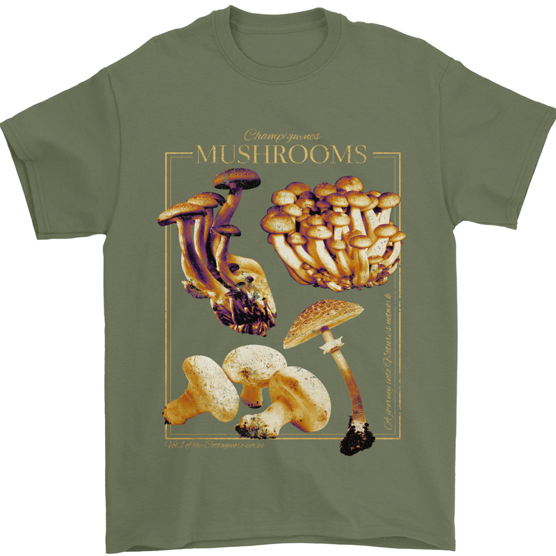 Mushroom Species Mycology Foraging Mens T-Shirt 100% Cotton Military Green