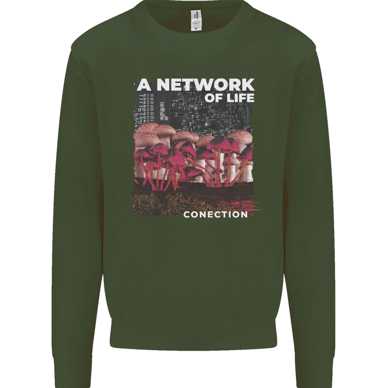 Mushrooms A Network of Life Mycology Kids Sweatshirt Jumper Forest Green