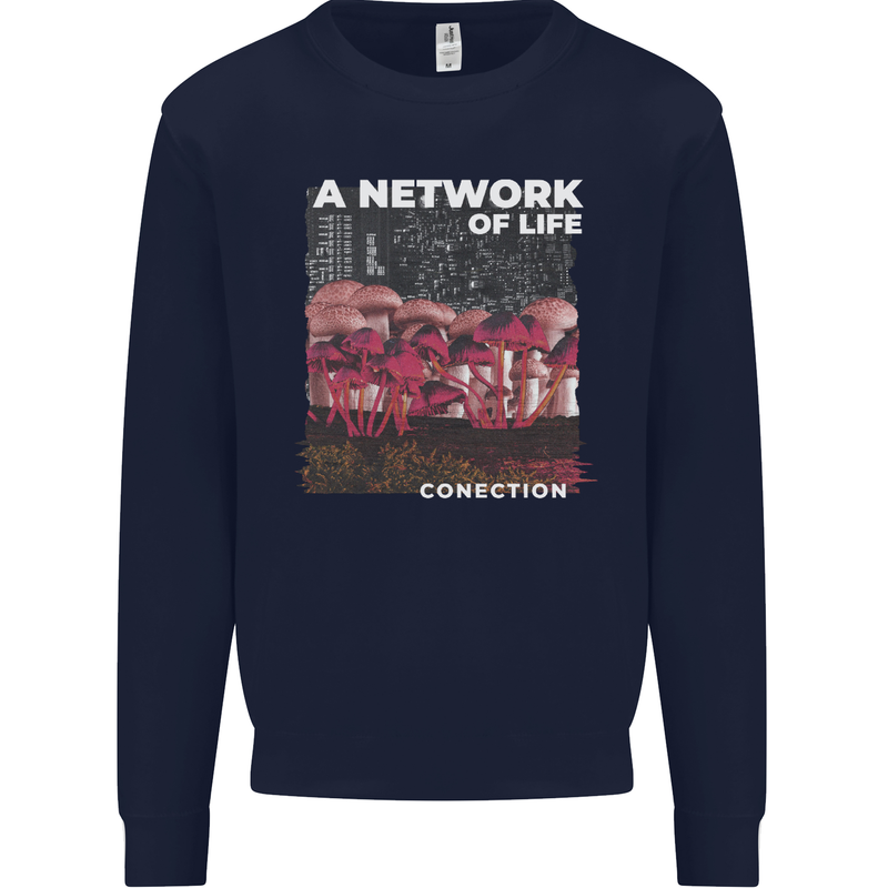 Mushrooms A Network of Life Mycology Kids Sweatshirt Jumper Navy Blue