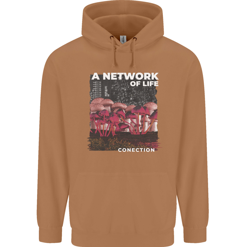 Mushrooms A Network of Life Mycology Mens 80% Cotton Hoodie Caramel Latte