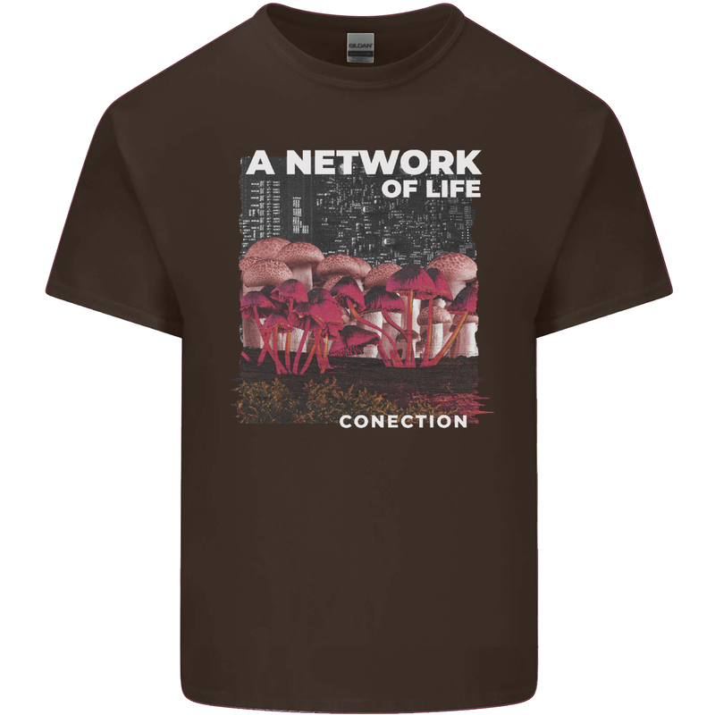 Mushrooms A Network of Life Mycology Mens Cotton T-Shirt Tee Top Dark Chocolate