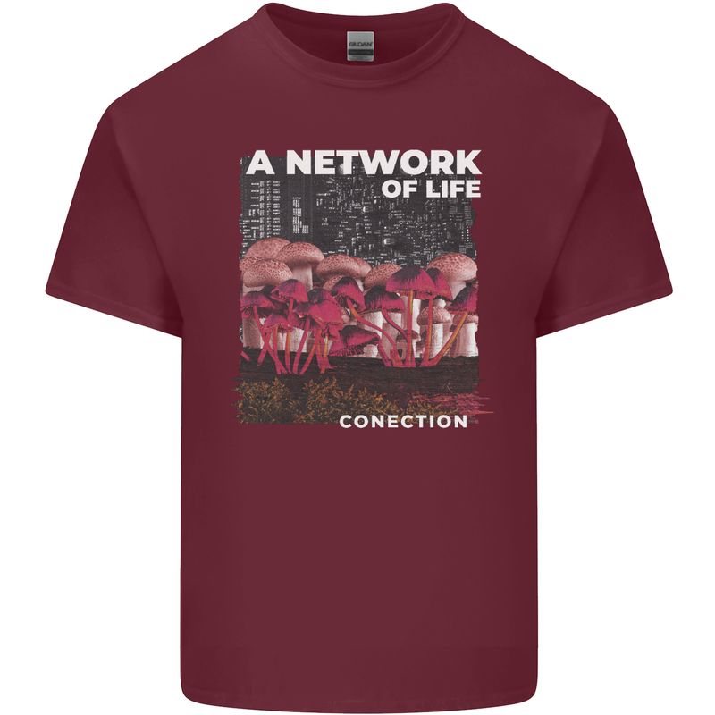 Mushrooms A Network of Life Mycology Mens Cotton T-Shirt Tee Top Maroon