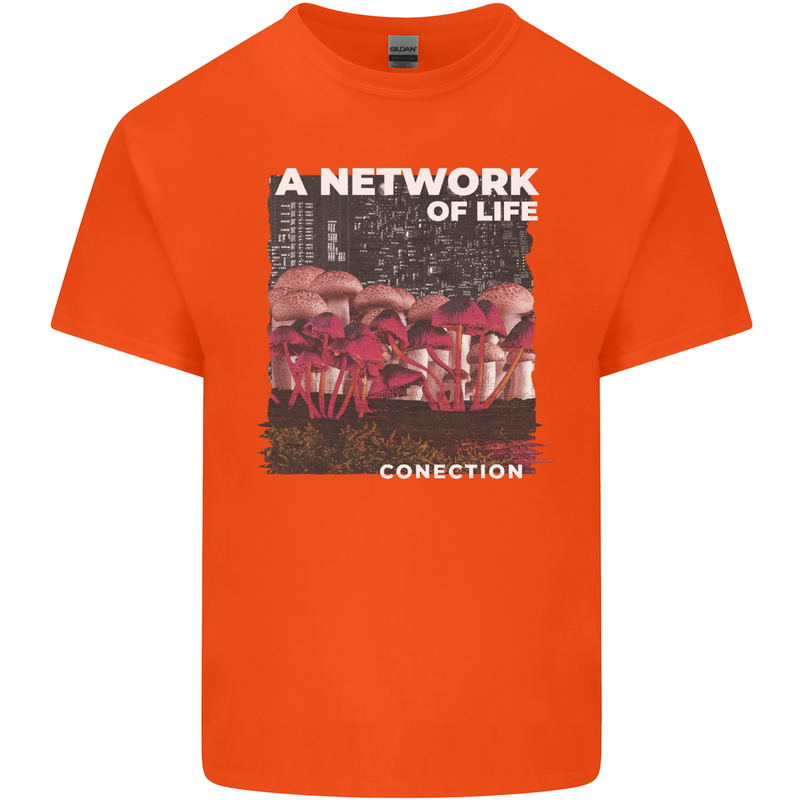 Mushrooms A Network of Life Mycology Mens Cotton T-Shirt Tee Top Orange