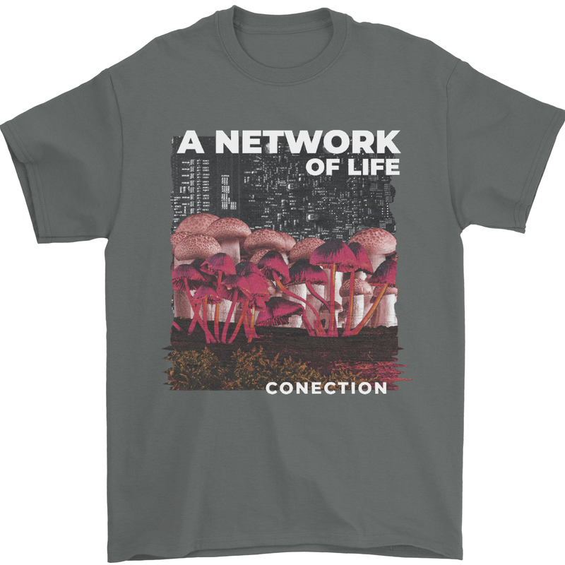 Mushrooms A Network of Life Mycology Mens T-Shirt 100% Cotton Charcoal