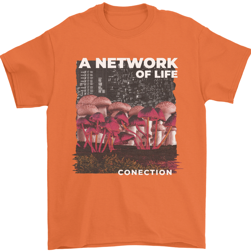 Mushrooms A Network of Life Mycology Mens T-Shirt 100% Cotton Orange