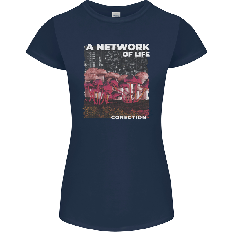 Mushrooms A Network of Life Mycology Womens Petite Cut T-Shirt Navy Blue