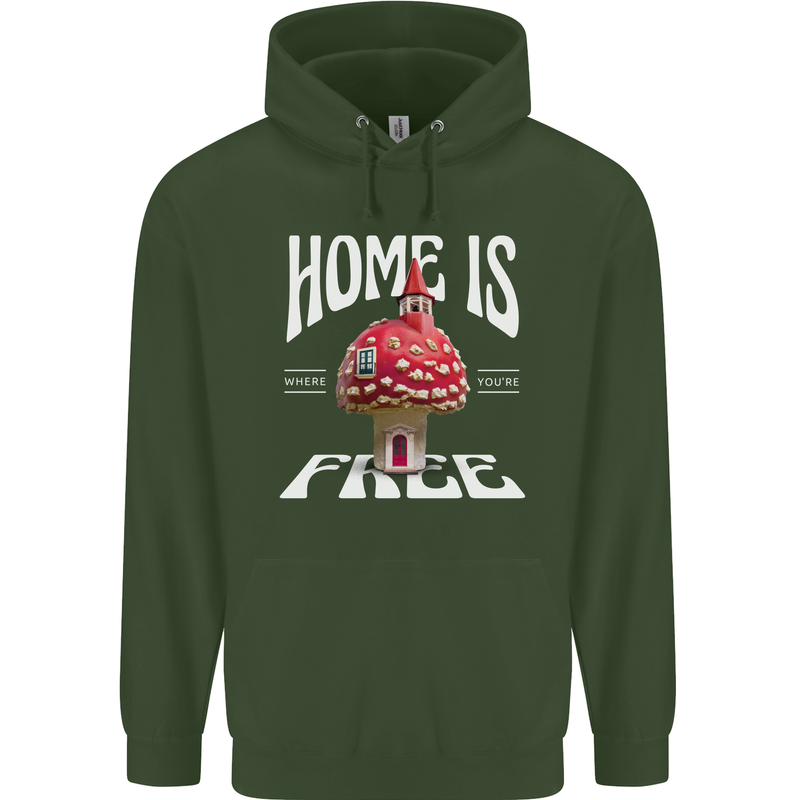 Mushrooms Home is Where You're Free Childrens Kids Hoodie Forest Green