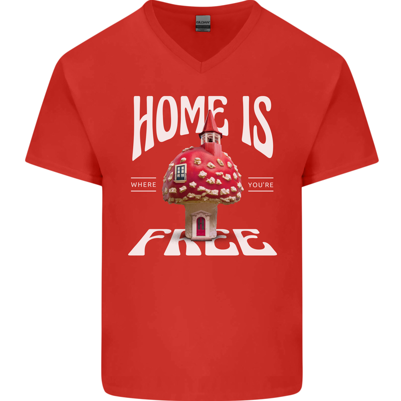 Mushrooms Home is Where You're Free Mens V-Neck Cotton T-Shirt Red