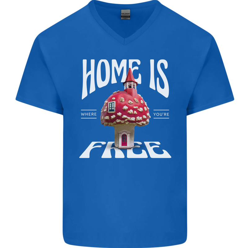 Mushrooms Home is Where You're Free Mens V-Neck Cotton T-Shirt Royal Blue