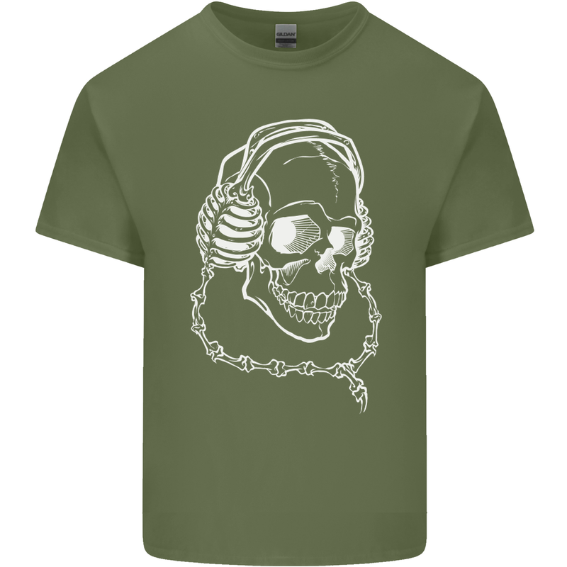 Music A Skull Wearing Headphones Mens Cotton T-Shirt Tee Top Military Green