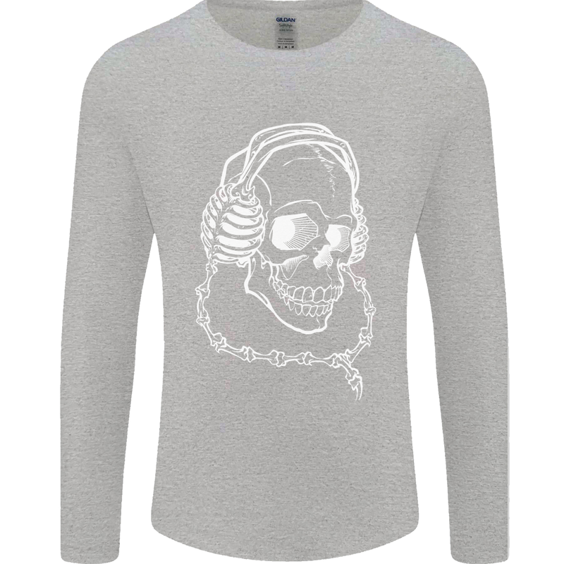 Music A Skull Wearing Headphones Mens Long Sleeve T-Shirt Sports Grey