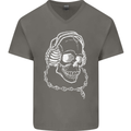 Music A Skull Wearing Headphones Mens V-Neck Cotton T-Shirt Charcoal