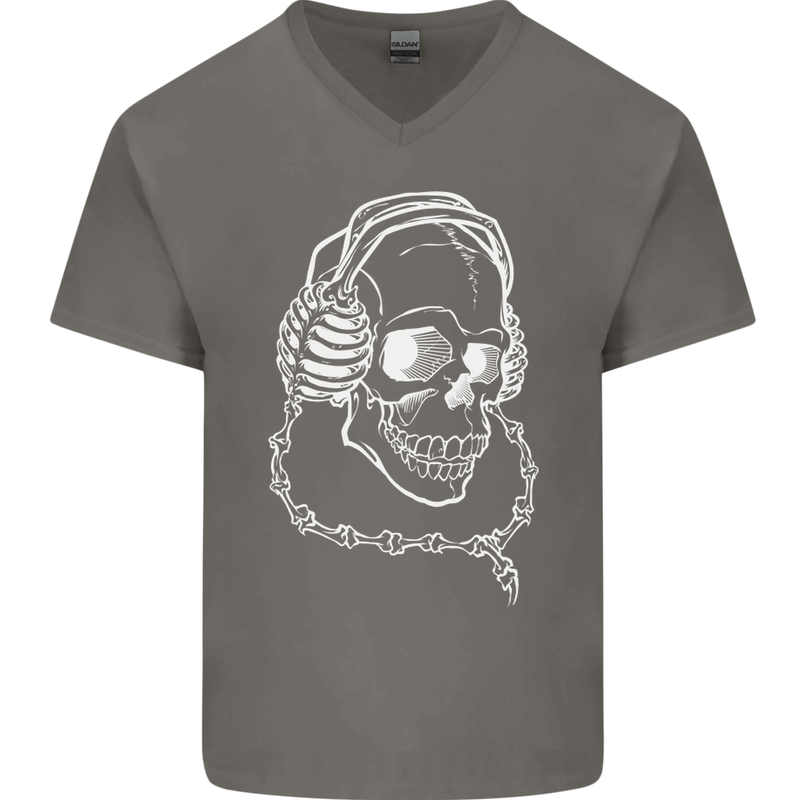 Music A Skull Wearing Headphones Mens V-Neck Cotton T-Shirt Charcoal