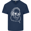 Music A Skull Wearing Headphones Mens V-Neck Cotton T-Shirt Navy Blue