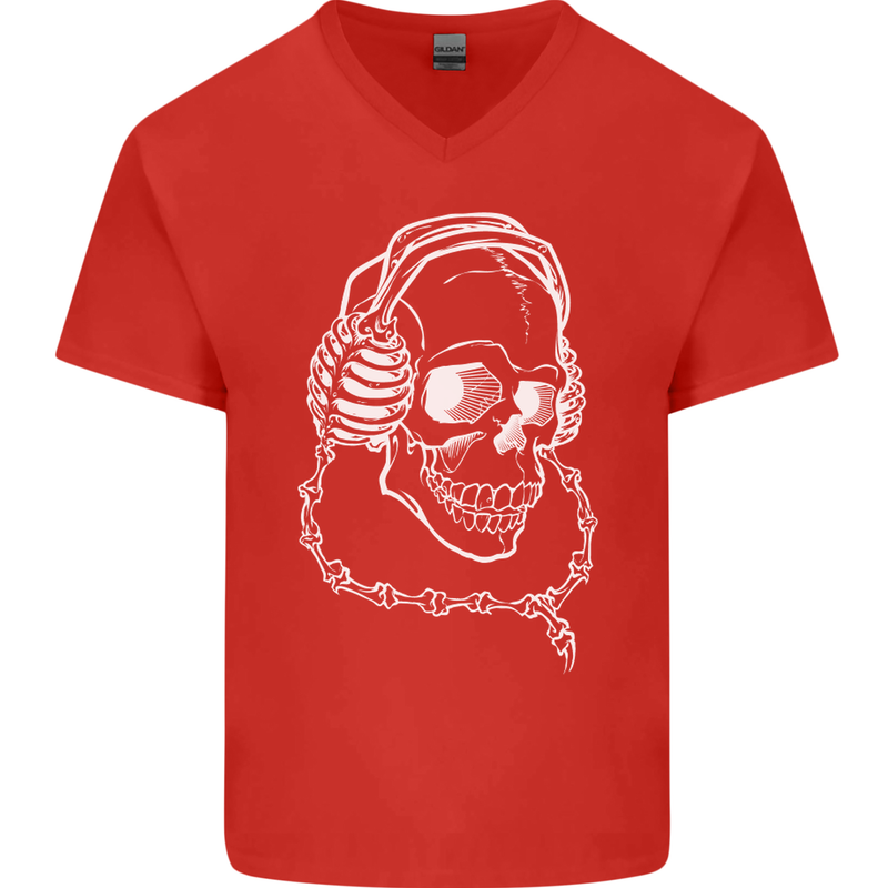Music A Skull Wearing Headphones Mens V-Neck Cotton T-Shirt Red