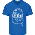Music A Skull Wearing Headphones Mens V-Neck Cotton T-Shirt Royal Blue