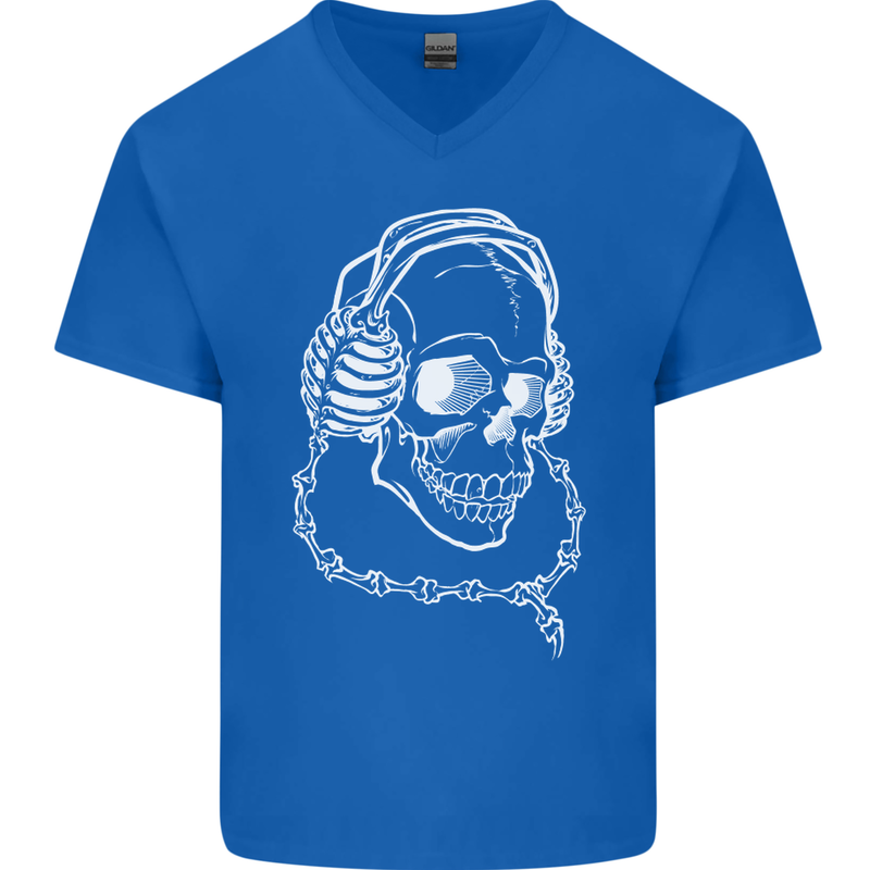 Music A Skull Wearing Headphones Mens V-Neck Cotton T-Shirt Royal Blue