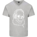 Music A Skull Wearing Headphones Mens V-Neck Cotton T-Shirt Sports Grey