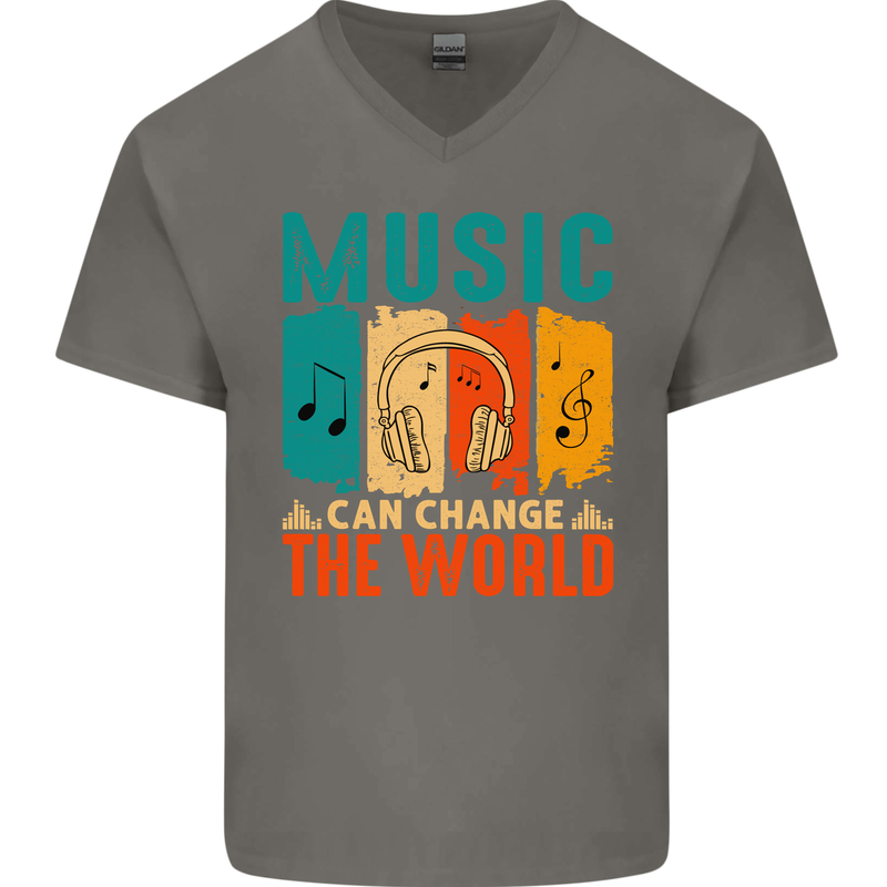 Music Can Change the World Mens V-Neck Cotton T-Shirt Charcoal