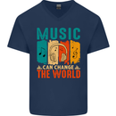 Music Can Change the World Mens V-Neck Cotton T-Shirt Navy Blue