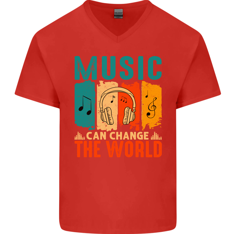 Music Can Change the World Mens V-Neck Cotton T-Shirt Red