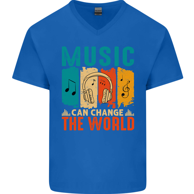 Music Can Change the World Mens V-Neck Cotton T-Shirt Royal Blue