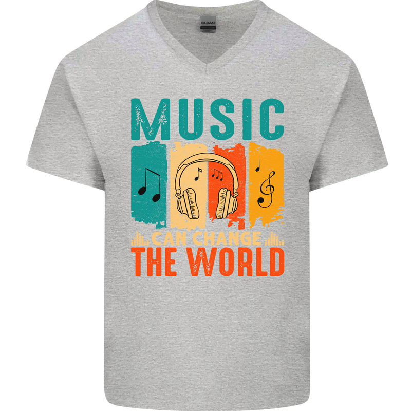 Music Can Change the World Mens V-Neck Cotton T-Shirt Sports Grey
