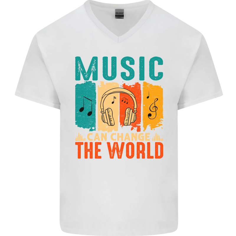 Music Can Change the World Mens V-Neck Cotton T-Shirt White