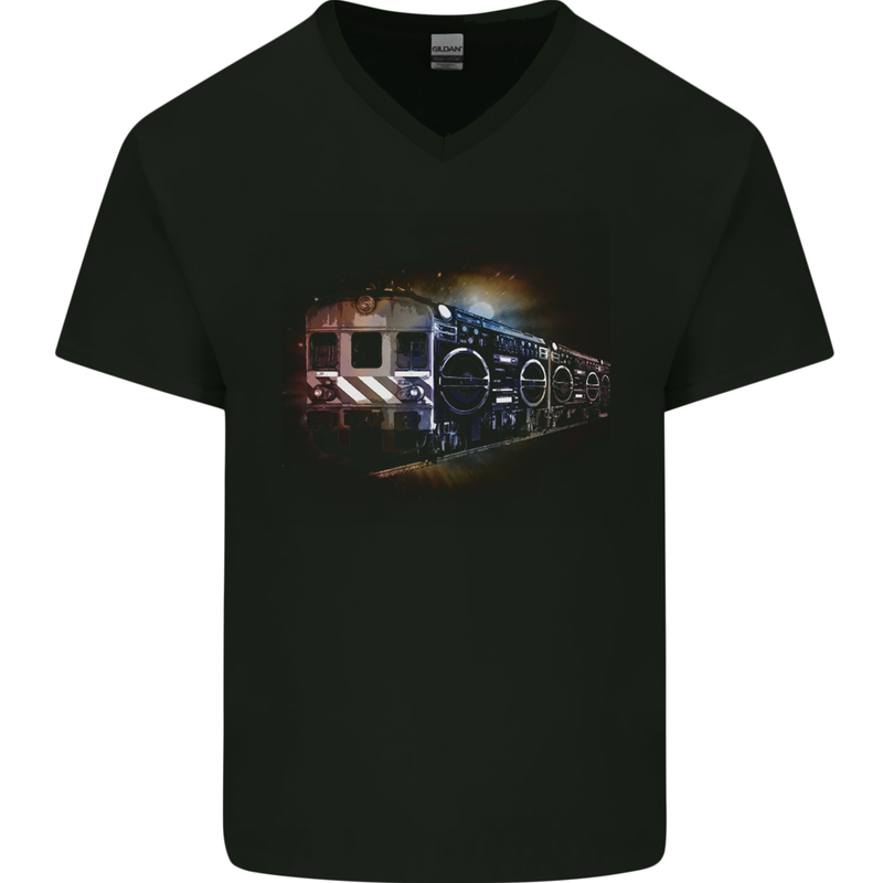 Music Ghetto Blaster Train Dance Mens V-Neck Cotton T-Shirt Black