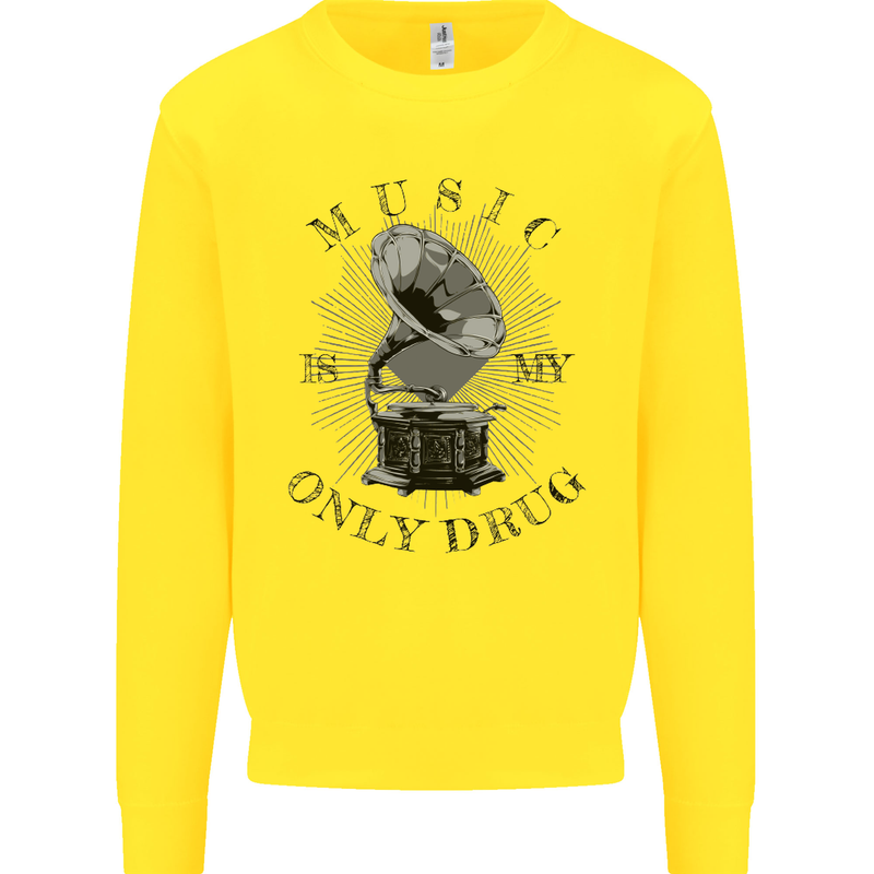 Music Is My Only Drug Funny DJ Vinyl Decks Kids Sweatshirt Jumper Yellow