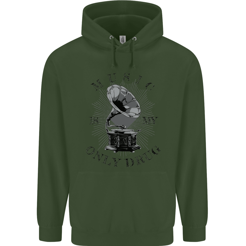 Music Is My Only Drug Funny DJ Vinyl Decks Mens 80% Cotton Hoodie Forest Green