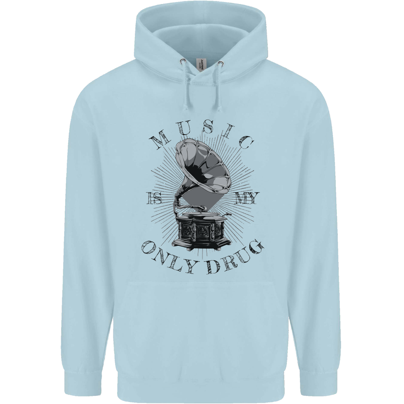 Music Is My Only Drug Funny DJ Vinyl Decks Mens 80% Cotton Hoodie Light Blue