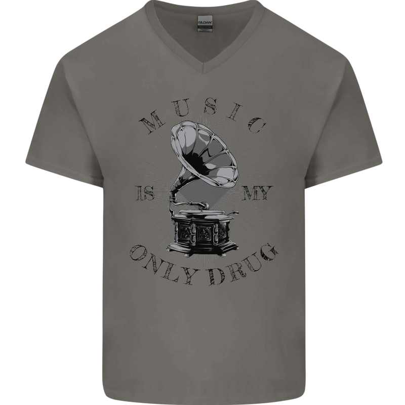 Music Is My Only Drug Funny DJ Vinyl Decks Mens V-Neck Cotton T-Shirt Charcoal