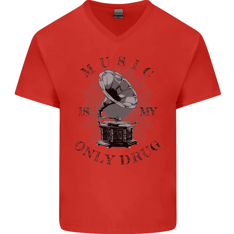 Music Is My Only Drug Funny DJ Vinyl Decks Mens V-Neck Cotton T-Shirt Red