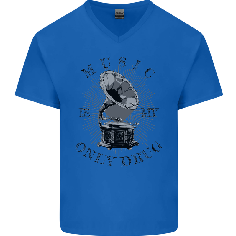 Music Is My Only Drug Funny DJ Vinyl Decks Mens V-Neck Cotton T-Shirt Royal Blue