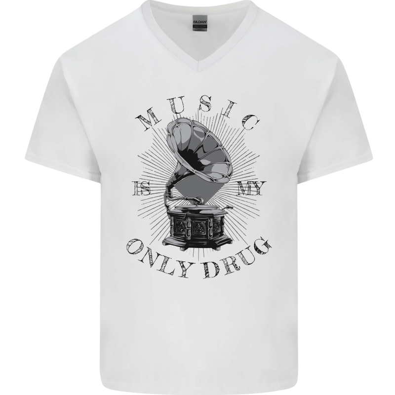 Music Is My Only Drug Funny DJ Vinyl Decks Mens V-Neck Cotton T-Shirt White