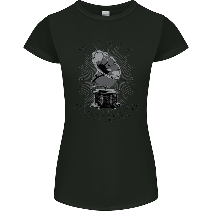 Music Is My Only Drug Funny DJ Vinyl Decks Womens Petite Cut T-Shirt Black