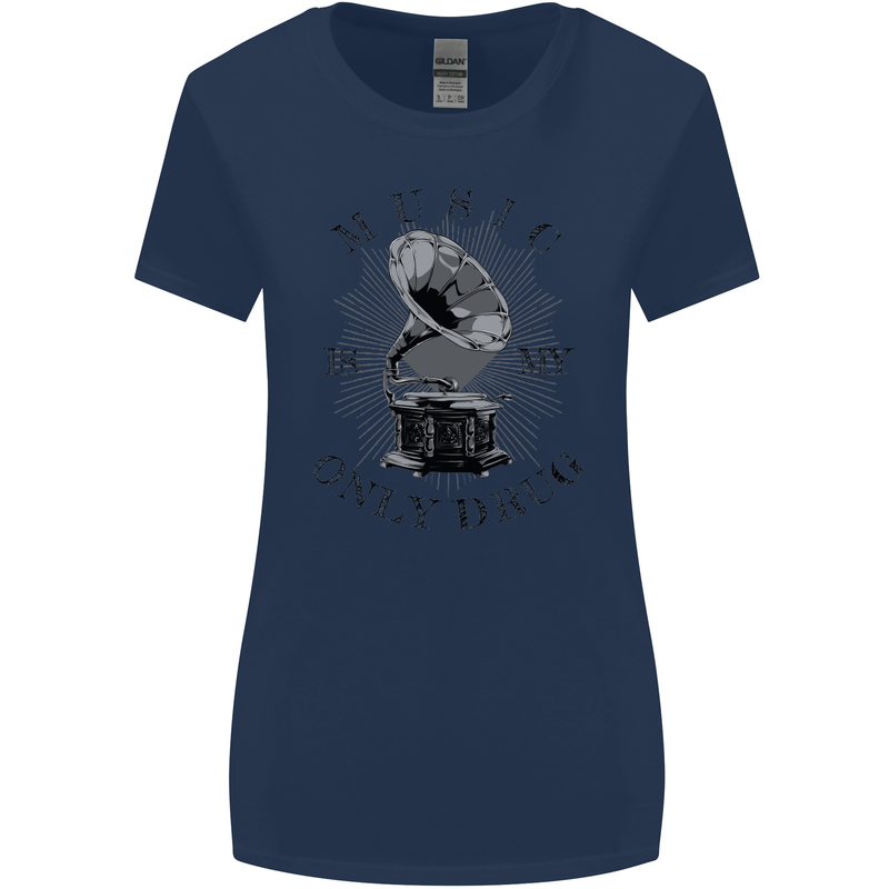 Music Is My Only Drug Funny DJ Vinyl Decks Womens Wider Cut T-Shirt Navy Blue