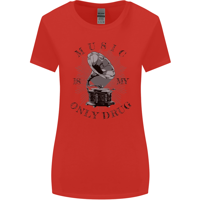 Music Is My Only Drug Funny DJ Vinyl Decks Womens Wider Cut T-Shirt Red